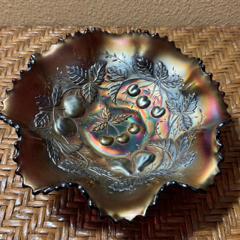 Vintage Northwood Three Fruits Amethyst Iridescent Carnival Glass Bowl